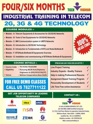 TECH VIDHYA 
FOUR/SIX MONTHS 
 INDUSTRIAL TRAINING IN TELECOM 
2G, 3G & 4G TECHNOLOGY 
COURSE MODULES :- 
Module - A: Telecom Equipments & Accessories for 2G/3G/4G Networks 
Module - B: Tools & Test Equipments for 2G/3G/4G Networks 
Module - C: MW Communication system in UMTS Networks 
Module - D: Introduction to 2G/3G/4G Technology 
Module - E: Introduction to Fundamentals of BTS and Node-B/eNode-B 
Module - F: BTS/Node-B/eNode-B Equipments Overview 
Module - G: Installation and commissioning of BTS/Node B/eNode-B Equipments 
COURSE DETAILS :- 
Course Code  
Eligibility 
Venue        
                          
                         
: TV-IT/3G-TELECOM 
: 
Pursuing BE/B.Tech/Diploma 
Mohan Cooperative,New Delhi 
: 
Engineers in (EEE/ECE/CSE/IT) 
TECH VIDHYA 
FOR FREE DEMO CLASSES   
GET JOB OPPORTUNITY IN LEADING  
TELECOM COMPANIES CONTACT US : 
A Unit of AAYAN INFRATEL PVT. LTD.  
(An ISO 9001-2008 Certified Company)  
B1 / E13, 2nd Floor Mohan Co-operative Industrial Estate, 
 Mathura Road,  New Delhi – 110044, INDIA  
Landline No. +91-11-41099913  
Helpline number: +91-7878781122 
Web: www.techvidhya.in 
      
00% 1 
J B  S S CE O ASI TAN 
PROGRAM HIGHLIGHTS ! 
Live Project Training 
Industry Experts - Quality Trainers 
Help in making Professional Resume 
Assignment Based Training Program 
Personality Development of Students 
CALL US 7827711122 Life Time Free online Assistance 
