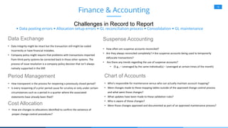 16
Data Exchange
• Data integrity might be intact but the transaction still might be coded
incorrectly or have financial mistakes.
• Company policy might require that problems with transactions imported
from third-party systems be corrected back in those other systems. The
process of issue resolution is a company policy decision that isn’t always
natively supported in the ERP.
Finance & Accounting
Challenges in Record to Report
• Data posting errors • Allocation setup errors • GL reconciliation process • Consolidation • GL maintenance
Period Management
• How transparent is the process for reopening a previously closed period?
• Is every reopening of a prior period cause for scrutiny or only under certain
circumstances such as a period in a quarter where the associated
statements have already been filed?
Cost Allocation
• How are changes to allocations identified to confirm the existence of
proper change control procedures?
Suspense Accounting
• How often are suspense accounts reconciled?
• Are they always reconciled completely? • Are suspense accounts being used to temporarily
obfuscate transactions?
• Are there any trends regarding the use of suspense accounts?
• (E.g., – Leveraged by the same individual(s) – Leveraged at certain times of the month)
Chart of Accounts
• Who’s responsible for maintenance versus who can actually maintain account mapping?
• Were changes made to these mapping tables outside of the approved change control process
and what were those changes?
• What updates have been made to these validation rules?
• Who is aware of these changes?
• Were those changes approved and documented as part of an approved maintenance process?
 