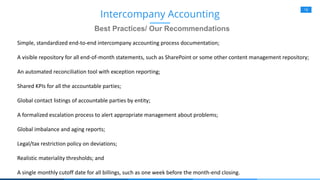 18
Best Practices/ Our Recommendations
Intercompany Accounting
Simple, standardized end-to-end intercompany accounting process documentation;
A visible repository for all end-of-month statements, such as SharePoint or some other content management repository;
An automated reconciliation tool with exception reporting;
Shared KPIs for all the accountable parties;
Global contact listings of accountable parties by entity;
A formalized escalation process to alert appropriate management about problems;
Global imbalance and aging reports;
Legal/tax restriction policy on deviations;
Realistic materiality thresholds; and
A single monthly cutoff date for all billings, such as one week before the month-end closing.
 