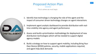 24
Proposed Action Plan
This is where we must begin.
1. Identify how technology is changing the role of the agent and the
impact of consumer driven technology changes on agent interactions
2. Implement agent analytic dashboard to provide distribution with real-
time visibility into agency and agent performance
3. Assess and build a prioritization methodology for deployment of new
distribution technologies which will be needed to support digital
agency models
4. Build a strategy on how to support agent mobility, including Bring Your
Own Device (BYOD) policies, security, mobile applications required,
and agent help desk demands
 