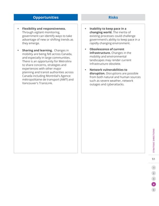 51
STRATEGICDIRECTIONS
1
2
3
4
5
•• Flexibility and responsiveness.
Through vigilant monitoring,
government can identify ways to take
advantage of new or shifting trends as
they emerge.
•• Sharing and learning. Changes in
mobility are being felt across Canada,
and especially in large communities.
There is an opportunity for Metrolinx
to share concerns, strategies and
experiences with other major
planning and transit authorities across
Canada including Montréal's Agence
métropolitaine de transport (AMT) and
Vancouver's TransLink.
•• Inability to keep pace in a
changing world. The inertia of
existing processes could challenge
government’s ability to keep pace in a
rapidly changing environment.
•• Obsolescence of current
infrastructure. Changes in the
mobility and environmental
landscapes may render current
infrastructure obsolete.
•• Network vulnerabilities to
disruption. Disruptions are possible
from both natural and human sources
such as severe weather, network
outages and cyberattacks.
Opportunities Risks
 