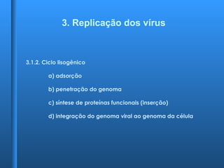 3.1.2. Ciclo lisogênico
a) adsorção
b) penetração do genoma
c) síntese de proteínas funcionais (inserção)
d) integração do genoma viral ao genoma da célula
3. Replicação dos vírus
 