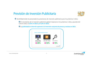 10
PrevisióndeInversiónPublicitaria
Fuente: ZenithOptimedia
ZenithOptimedia ha presentado las previsiones de inversión publicitaria para los próximos 3 años:
El crecimiento de la inversión publicitaria global mejorará en los próximos 3 años, pasando del
3,5% en 2012 al 3,9% en 2013 y al 5,6% en 2015.
La publicidad en internet superará a la inversión conjunta de prensa y revistas en 2015.
 
