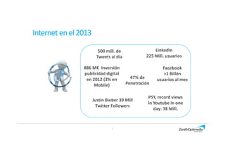 Internetenel2013
3
47% de
Penetración
886 M€ Inversión
publicidad digital
en 2012 (3% en
Mobile)
Facebook
>1 Billón
usuarios al mes
500 mill. de
Tweets al día
LinkedIn
225 Mill. usuarios
Justin Bieber 39 Mill
Twitter Followers
PSY, record views
in Youtube in one
day: 38 Mill.
 