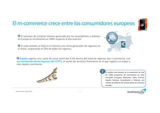 7Fuente: Zanox. Datos 2012.
Elm-commercecreceentrelosconsumidoreseuropeos
El volumen de compras móviles generado por los smartphones y tabletas
en Europa se incrementó un 140% respecto al año anterior.
En este ámbito, el iPad es el número uno como generador de ingresos en
el móvil, acaparando el 53% de todos los ingresos.
i El análisis está basado en la evaluación de más
de 1.000 programas de anunciantes en siete
mercados europeos (Alemania, Italia, Francia,
España, Benelux, Escandinavia y Polonia), con
cientos de millones de transacciones de consumo
anuales.
España registra una cuota de canal móvil del 4,5% dentro del total de ingresos por e-commerce, con
un crecimiento de los ingresos del 100%, el sector de servicios financieros es el que registra un mayor y
más rápido crecimiento.
 