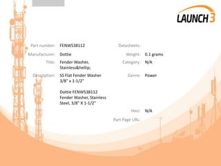 Part number: FENWS38112 Datasheets:
Manufacturer: Dottie Weight: 0.1 grams
Title: Fender Washer,
Stainless&hellip;
Category: N/A
Description: SS Flat Fender Washer
3/8" x 1-1/2"
Dottie FENWS38112
Fender Washer, Stainless
Steel, 3/8" X 1-1/2"
Genre: Power
Heci: N/A
Part Page URL:
 