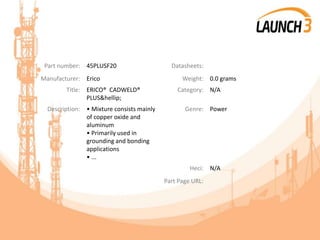 Part number: 45PLUSF20 Datasheets:
Manufacturer: Erico Weight: 0.0 grams
Title: ERICO® CADWELD®
PLUS&hellip;
Category: N/A
Description: • Mixture consists mainly
of copper oxide and
aluminum
• Primarily used in
grounding and bonding
applications
• ...
Genre: Power
Heci: N/A
Part Page URL:
 