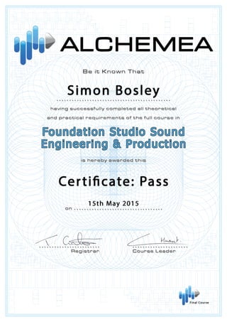 Simon Bosley - Certificate - Pass