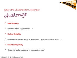 What’s the Challenge for Crescendo?
 Switching Cost
 
 Make customer happy! Other……?
 Limited flexibility
 Make everything customizable Application Exchange platform Others….?
 Security and privacy
  Be careful and professional as much as they can?
© Copyright 2012 – 15 Crescendo Tech
 