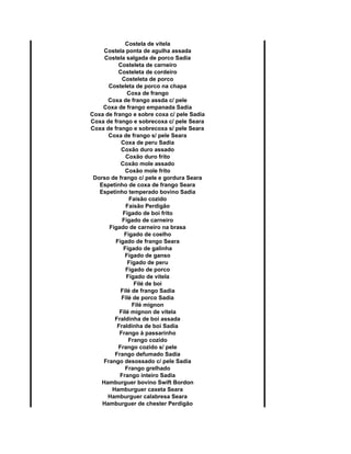 Costela de vitela
Costela ponta de agulha assada
Costela salgada de porco Sadia
Costeleta de carneiro
Costeleta de cordeiro
Costeleta de porco
Costeleta de porco na chapa
Coxa de frango
Coxa de frango assda c/ pele
Coxa de frango empanada Sadia
Coxa de frango e sobre coxa c/ pele Sadia
Coxa de frango e sobrecoxa c/ pele Seara
Coxa de frango e sobrecoxa s/ pele Seara
Coxa de frango s/ pele Seara
Coxa de peru Sadia
Coxão duro assado
Coxão duro frito
Coxão mole assado
Coxão mole frito
Dorso de frango c/ pele e gordura Seara
Espetinho de coxa de frango Seara
Espetinho temperado bovino Sadia
Faisão cozido
Faisão Perdigão
Fígado de boi frito
Fígado de carneiro
Fígado de carneiro na brasa
Fígado de coelho
Fígado de frango Seara
Fígado de galinha
Fígado de ganso
Fígado de peru
Fígado de porco
Fígado de vitela
Filé de boi
Filé de frango Sadia
Filé de porco Sadia
Filé mignon
Filé mignon de vitela
Fraldinha de boi assada
Fraldinha de boi Sadia
Frango à passarinho
Frango cozido
Frango cozido s/ pele
Frango defumado Sadia
Frango desossado c/ pele Sadia
Frango grelhado
Frango inteiro Sadia
Hamburguer bovino Swift Bordon
Hamburguer caxeta Seara
Hamburguer calabresa Seara
Hamburguer de chester Perdigão
 