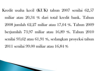 Kredit usaha kecil (KUK) tahun 2007 senilai 62,57
miliar atau 20,34 % dari total kredit bank. Tahun
2008 jumlah 62,27 miliar atau 17,04 %. Tahun 2009
berjumlah 73,97 miliar atau 16,89 %. Tahun 2010
senilai 93,62 atau 61,91 %, sedangkan proyeksi tahun
2011 senilai 99.00 miliar atau 16,84 %
 