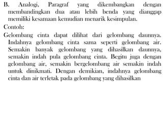 B. Analogi, Paragraf yang dikembangkan dengan
membandingkan dua atau lebih benda yang dianggap
memiliki kesamaan kemudian menarik kesimpulan.
Contoh:
Gelombang cinta dapat dilihat dari gelombang daunnya.
Indahnya gelombang cinta sama seperti gelombang air.
Semakin banyak gelombang yang dihasilkan daunnya,
semakin indah pula gelombang cinta. Begitu juga dengan
gelombang air, semakin bergelombang air semakin indah
untuk dinikmati. Dengan demikian, indahnya gelombang
cinta dan air terletak pada gelombang yang dihasilkan
 