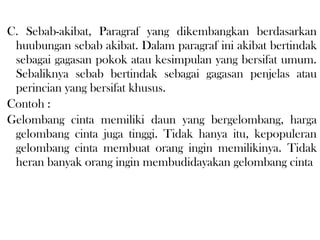 C. Sebab-akibat, Paragraf yang dikembangkan berdasarkan
huubungan sebab akibat. Dalam paragraf ini akibat bertindak
sebagai gagasan pokok atau kesimpulan yang bersifat umum.
Sebaliknya sebab bertindak sebagai gagasan penjelas atau
perincian yang bersifat khusus.
Contoh :
Gelombang cinta memiliki daun yang bergelombang, harga
gelombang cinta juga tinggi. Tidak hanya itu, kepopuleran
gelombang cinta membuat orang ingin memilikinya. Tidak
heran banyak orang ingin membudidayakan gelombang cinta
 