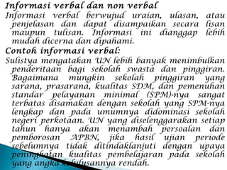 Informasi verbal dan non verbal
Informasi verbal berwujud uraian, ulasan, atau
penjelasan dan dapat disampaikan secara lisan
maupun tulisan. Informasi ini dianggap lebih
mudah dicerna dan dipahami.
Contoh informasi verbal:
Sulistya mengatakan UN lebih banyak menimbulkan
penderitaan bagi sekolah swasta dan pinggiran.
Bagaimana mungkin sekolah pinggiran yang
sarana, prasarana, kualitas SDM, dan pemenuhan
standar pelayanan minimal (SPM)-nya sangat
terbatas disamakan dengan sekolah yang SPM-nya
lengkap dan pada umumnya didominasi sekolah
negeri perkotaan. UN yang diselenggarakan setiap
tahun hanya akan menambah persoalan dan
pemborosan APBN, jika hasil ujian periode
sebelumnya tidak ditindaklanjuti dengan upaya
peningkatan kualitas pembelajaran pada sekolah
yang angka kelulusannya rendah.
 
