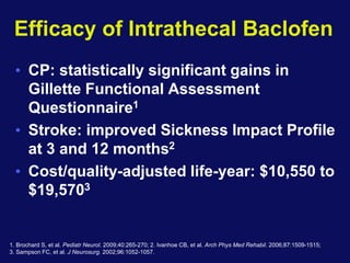 Efficacy of Intrathecal Baclofen
• CP: statistically significant gains in
Gillette Functional Assessment
Questionnaire1
• Stroke: improved Sickness Impact Profile
at 3 and 12 months2
• Cost/quality-adjusted life-year: $10,550 to
$19,5703
1. Brochard S, et al. Pediatr Neurol. 2009;40:265-270; 2. Ivanhoe CB, et al. Arch Phys Med Rehabil. 2006;87:1509-1515;
3. Sampson FC, et al. J Neurosurg. 2002;96:1052-1057.
 