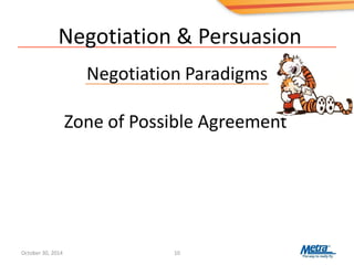 Negotiation & Persuasion
Negotiation Paradigms
10
Zone of Possible Agreement
October 30, 2014
 