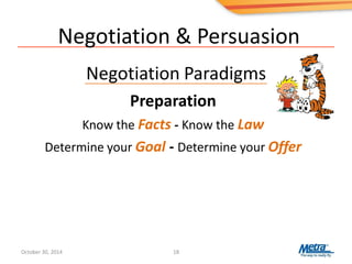 Negotiation & Persuasion
Negotiation Paradigms
18
Preparation
Know the Facts - Know the Law
Determine your Goal - Determine your Offer
October 30, 2014
 
