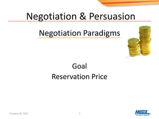 Negotiation & Persuasion
Negotiation Paradigms
Goal
Reservation Price
(
October 30, 2014 3
 