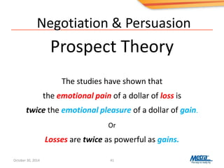 Negotiation & Persuasion
The studies have shown that
the emotional pain of a dollar of loss is
twice the emotional pleasure of a dollar of gain.
Or
Losses are twice as powerful as gains.
Prospect Theory
41
The studies have shown that
the emotional pain of a dollar of loss is
twice the emotional pleasure of a dollar of gain.
October 30, 2014
 