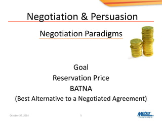 Negotiation & Persuasion
Negotiation Paradigms
Goal
Reservation Price
BATNA
(Best Alternative to a Negotiated Agreement)
October 30, 2014 5
 