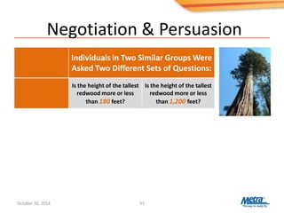Negotiation & Persuasion
51
Individuals in Two Similar Groups Were
Asked Two Different Sets of Questions:
Is the height of the tallest
redwood more or less
than 180 feet?
Is the height of the tallest
redwood more or less
than 1,200 feet?
October 30, 2014
 