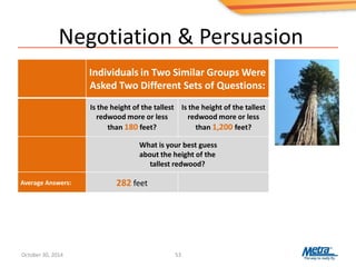 Negotiation & Persuasion
53
Individuals in Two Similar Groups Were
Asked Two Different Sets of Questions:
Is the height of the tallest
redwood more or less
than 180 feet?
Is the height of the tallest
redwood more or less
than 1,200 feet?
What is your best guess
about the height of the
tallest redwood?
Average Answers: 282 feet
October 30, 2014
 