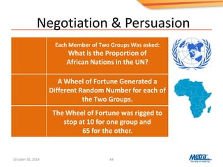 Negotiation & Persuasion
64
Each Member of Two Groups Was asked:
What is the Proportion of
African Nations in the UN?
A Wheel of Fortune Generated a
Different Random Number for each of
the Two Groups.
The Wheel of Fortune was rigged to
stop at 10 for one group and
65 for the other.
October 30, 2014
 