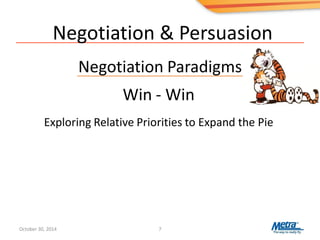 Negotiation & Persuasion
Negotiation Paradigms
7
Win - Win
Exploring Relative Priorities to Expand the Pie
Delivery ASAP or Delayed
Price or Quality
Guaranteed Max or Time and Materials
One time payment or installment payment
Risk of Loss Allocation
October 30, 2014
 
