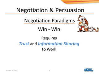Negotiation & Persuasion
Negotiation Paradigms
9
Win - Win
Requires
Trust and Information Sharing
to Work
October 30, 2014
 