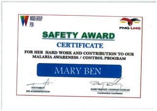 Mary Ben Safety Award - Certificate