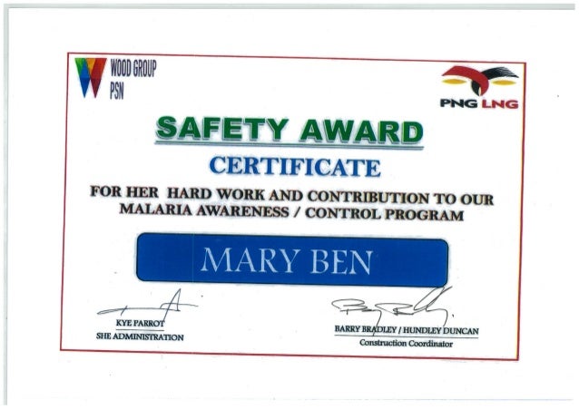 mary ben safety award certificate safety award certificate