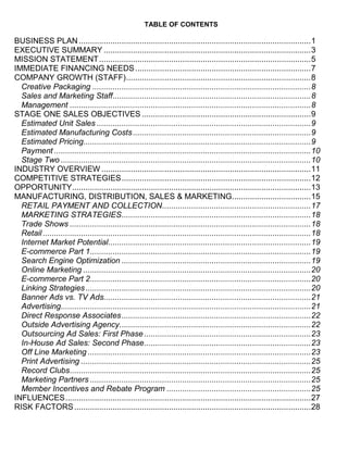 TABLE OF CONTENTS
BUSINESS PLAN.......................................................................................................1
EXECUTIVE SUMMARY ............................................................................................3
MISSION STATEMENT..............................................................................................5
IMMEDIATE FINANCING NEEDS..............................................................................7
COMPANY GROWTH (STAFF)..................................................................................8
Creative Packaging .................................................................................................8
Sales and Marketing Staff........................................................................................8
Management ...........................................................................................................8
STAGE ONE SALES OBJECTIVES ...........................................................................9
Estimated Unit Sales ...............................................................................................9
Estimated Manufacturing Costs...............................................................................9
Estimated Pricing.....................................................................................................9
Payment ..................................................................................................................10
Stage Two ...............................................................................................................10
INDUSTRY OVERVIEW .............................................................................................11
COMPETITIVE STRATEGIES....................................................................................12
OPPORTUNITY..........................................................................................................13
MANUFACTURING, DISTRIBUTION, SALES & MARKETING...................................15
RETAIL PAYMENT AND COLLECTION..................................................................17
MARKETING STRATEGIES....................................................................................18
Trade Shows ...........................................................................................................18
Retail.......................................................................................................................18
Internet Market Potential..........................................................................................19
E-commerce Part 1..................................................................................................19
Search Engine Optimization ....................................................................................19
Online Marketing .....................................................................................................20
E-commerce Part 2..................................................................................................20
Linking Strategies....................................................................................................20
Banner Ads vs. TV Ads............................................................................................21
Advertising...............................................................................................................21
Direct Response Associates....................................................................................22
Outside Advertising Agency.....................................................................................22
Outsourcing Ad Sales: First Phase..........................................................................23
In-House Ad Sales: Second Phase..........................................................................23
Off Line Marketing ...................................................................................................23
Print Advertising ......................................................................................................25
Record Clubs...........................................................................................................25
Marketing Partners ..................................................................................................25
Member Incentives and Rebate Program ................................................................25
INFLUENCES.............................................................................................................27
RISK FACTORS.........................................................................................................28
 