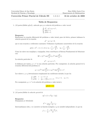 Universidad Mayor de San Simon Hans Muller Santa Cruz 
Facultad de Ciencias y Tecnologa Departamento de Mathematicas 
Correccion Primer Parcial de Calculo III 1; 2; 3; 4 16 de octubre de 2008 
Tabla de Respuestas 
1. (25 puntos)Hallar y(ln 2), sabiendo que y es solucion del problema a valor inicial 
8 
: 
y00  y0 + y = ex; 
y(0) = 1; 
y0(0) = 1: 
Respuesta: 
Resolvemos la ecuacion diferencial del problema a valor inicial; para tal efecto, primero hallamos la 
solucion general de la ecuacion 
y00  y + y = 0; 
que es una ecuacion a coe 