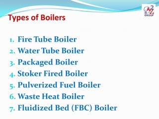Types of Boilers

1. Fire Tube Boiler
2. Water Tube Boiler
3. Packaged Boiler
4. Stoker Fired Boiler
5. Pulverized Fuel Boiler
6. Waste Heat Boiler
7. Fluidized Bed (FBC) Boiler
 