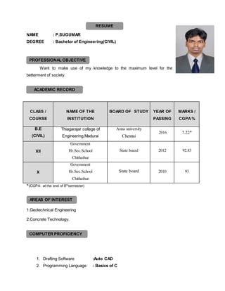 RESUME
ACADEMIC RECORD
PROFESSIONAL OBJECTIVE
AREAS OF INTEREST
COMPUTER PROFICIENCY
NAME : P.SUGUMAR
DEGREE : Bachelor of Engineering(CIVIL)
Want to make use of my knowledge to the maximum level for the
betterment of society.
*(CGPA: at the end of 8thsemester)
1.Geotechnical Engineering
2.Concrete Technology.
1. Drafting Software :Auto CAD
2. Programming Language : Basics of C
CLASS /
COURSE
NAME OF THE
INSTITUTION
BOARD OF STUDY YEAR OF
PASSING
MARKS /
CGPA%
B.E
(CIVIL)
Thiagarajar college of
Engineering,Madurai
OF ENGIN.
Anna university
Chennai
2016 7.22*
XII
Government
Hr.Sec.School
Chithathur
State board 2012 92.83
X
Government
Hr.Sec.School
Chithathur
State board 2010 93
 