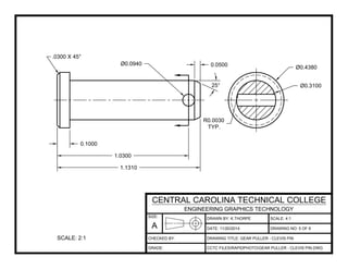 DRAWN BY: K.THORPE
DATE:
SCALE: 4:1
DRAWING TITLE: GEAR PULLER - CLEVIS PIN
CCTC FILESRAPIDPHOTOGEAR PULLER - CLEVIS PIN.DWG
11/20/2014 DRAWING NO: 5 OF 6
SIZE:
A
CENTRAL CAROLINA TECHNICAL COLLEGE
ENGINEERING GRAPHICS TECHNOLOGY
CHECKED BY:
GRADE:
0.1000
1.1310
1.0300
0.0500
25°
.0300 X 45°
Ø0.4380
Ø0.3100
R0.0030
TYP.
Ø0.0940
SCALE: 2:1
 
