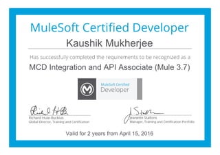 Kaushik Mukherjee
MCD Integration and API Associate (Mule 3.7)
Valid for 2 years from April 15, 2016
 