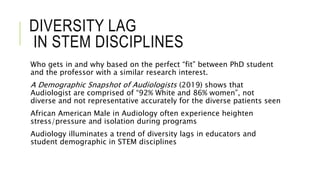 DIVERSITY LAG
IN STEM DISCIPLINES
Who gets in and why based on the perfect “fit” between PhD student
and the professor with a similar research interest.
A Demographic Snapshot of Audiologists (2019) shows that
Audiologist are comprised of “92% White and 86% women”, not
diverse and not representative accurately for the diverse patients seen
African American Male in Audiology often experience heighten
stress/pressure and isolation during programs
Audiology illuminates a trend of diversity lags in educators and
student demographic in STEM disciplines
 