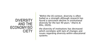 DIVERSITY
AND THE
ECONOMY/SO
CIETY
“Within the US context, diversity is often
hailed as a strength although research has
found a consistent decline in institutional
diversity for the last 40 years.” (Harris &
Ellis, 2020).
the diversity of institutions has decreased
which correlates with lack of changes and
issues regarding diversity within educational
systems
 