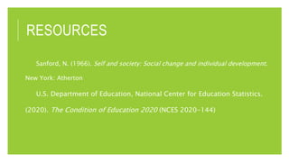 RESOURCES
Sanford, N. (1966). Self and society: Social change and individual development.
New York: Atherton
U.S. Department of Education, National Center for Education Statistics.
(2020). The Condition of Education 2020 (NCES 2020-144)
 