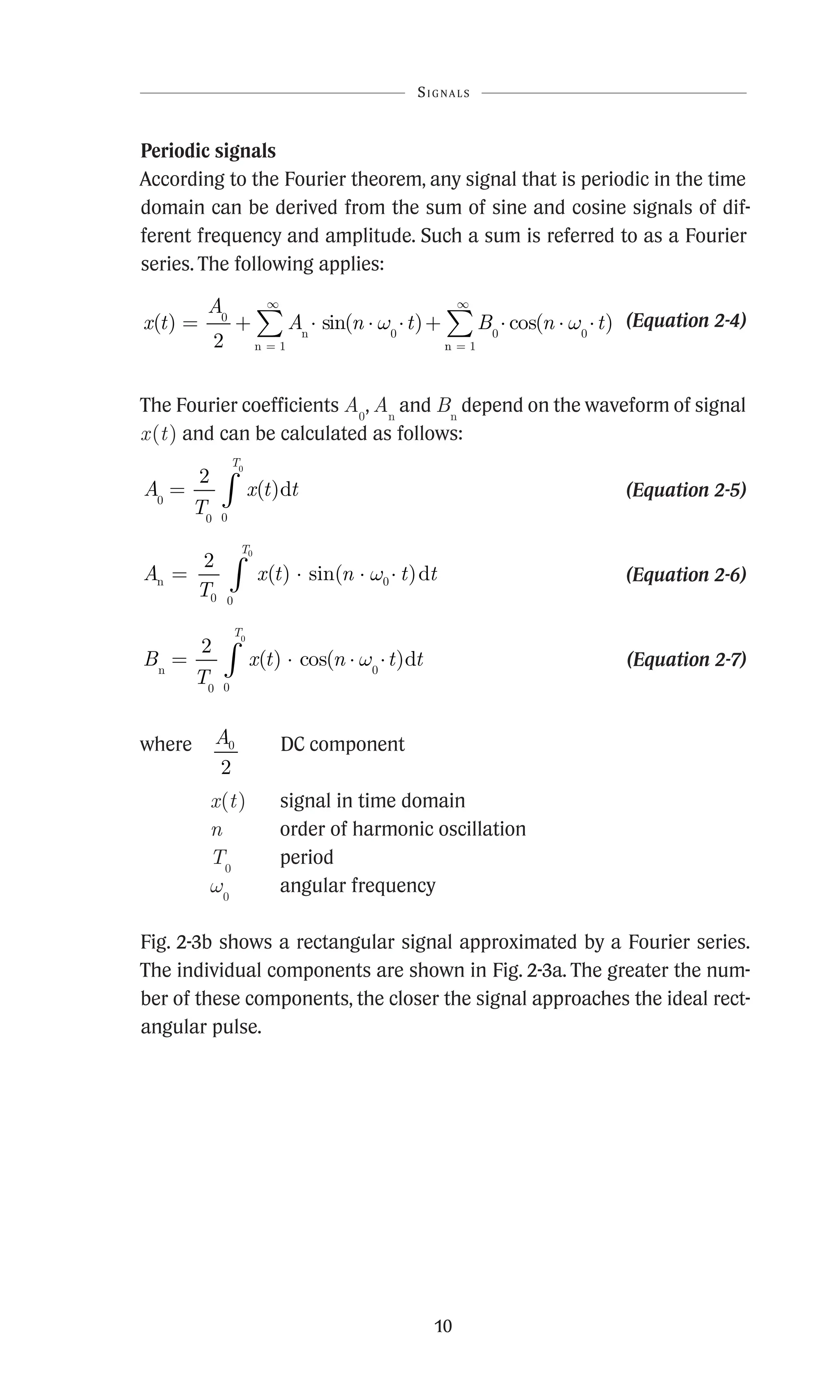 10
Periodic signals
According to the Fourier theorem, any signal that is periodic in the time
­
domain can be derived from the sum of sine and cosine signals of dif-
ferent frequency and amplitude. Such a sum is referred to as a Fourier
­
series. The following applies:
x t
A
A n t B n t
( ) sin( ) cos( )
= + ⋅ ⋅ ⋅ + ⋅ ⋅ ⋅
=
∞
∑
0
0
1
0 0
2 n
n
w w
n
n =
∞
∑
1
 (Equation 2-4)
The Fourier coefficients A0
, An
and Bn
depend on the waveform of ­
signal
x(t) and can be calculated as follows:
A
T
x t t
T
0
0 0
2
0
= ∫ ( )d  (Equation 2-5)
A
T
x t n t t
T
n = ⋅ ⋅ ⋅
∫
2
0
0
0
0
( ) sin( )d
w  (Equation 2-6)
B
T
x t n t t
T
n
d
= ⋅ ⋅ ⋅
∫
2
0
0
0
0
( ) cos( )
w  (Equation 2-7)
where A0
2
DC component
x(t) signal in time domain
n order of harmonic oscillation
T0
period
w0
angular frequency
Fig. 2-3b shows a rectangular signal approximated by a Fourier series.
The individual components are shown in Fig. 2-3a. The greater the num-
ber of these components, the closer the signal approaches the ideal rect-
angular pulse.
Signals
 