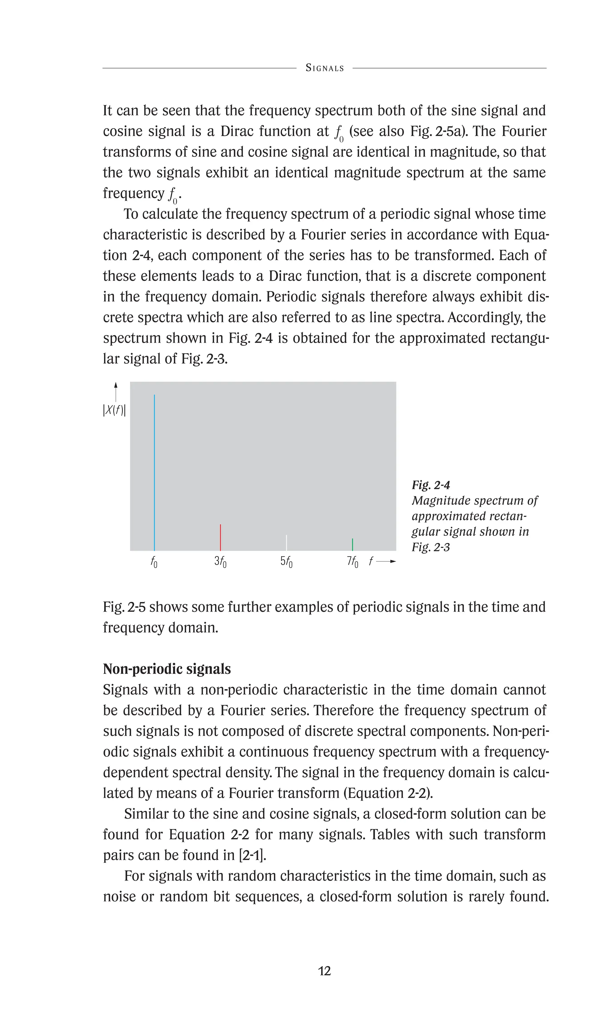 12
It can be seen that the frequency spectrum both of the sine signal and
cosine signal is a Dirac function at f0
(see also Fig. 2-5a). The Fourier
transforms of sine and cosine signal are identical in magnitude, so that
the two signals exhibit an identical magnitude spectrum at the same
frequency f0
.
To calculate the frequency spectrum of a periodic signal whose time
characteristic is described by a Fourier series in accordance with Equa-
tion 2-4, each component of the series has to be transformed. Each of
these elements leads to a Dirac function, that is a discrete component
in the frequency domain. Periodic signals therefore always exhibit dis-
crete spectra which are also referred to as line spectra. Accordingly, the
spectrum shown in Fig. 2-4 is obtained for the approximated rectangu-
lar signal of Fig. 2-3.
|X(f)|
f
f0 3f0 5f0 7f0
Fig. 2-4
Magnitude spectrum of
approximated rectan-
gular signal shown in
Fig. 2-3
Fig. 2-5 shows some further examples of periodic signals in the time and
frequency domain.
Non-periodic signals
Signals with a non-periodic characteristic in the time domain cannot
be described by a Fourier series. Therefore the frequency spectrum of
such signals is not composed of discrete spectral components. Non-peri-
odic signals exhibit a continuous frequency spectrum with a frequency-
dependent spectral density. The signal in the frequency domain is calcu-
lated by means of a Fourier transform (Equation 2-2).
Similar to the sine and cosine signals, a closed-form solution can be
found for Equation 2-2 for many signals. Tables with such transform
pairs can be found in [2-1].
For signals with random characteristics in the time domain, such as
noise or random bit sequences, a closed-form solution is rarely found.
Signals
 