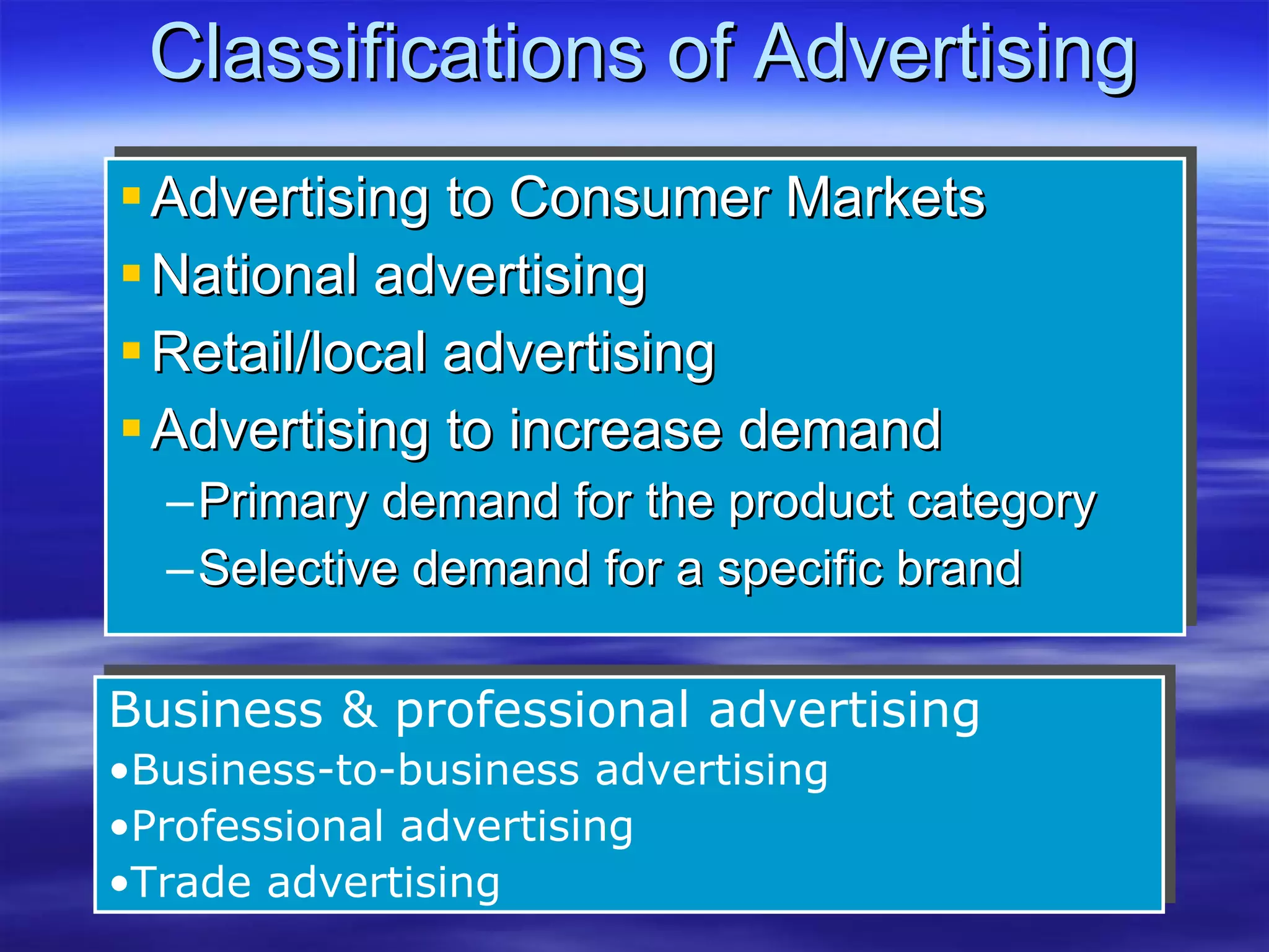 Classifications of Advertising  Advertising to Consumer Markets National advertising Retail/local advertising Advertising to increase demand Primary demand for the product category Selective demand for a specific brand Business & professional advertising Business-to-business advertising Professional advertising Trade advertising 