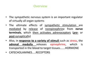 Overview
• The sympathetic nervous system is an important regulator
of virtually all organ systems
• The ultimate effects of sympathetic stimulation are
mediated by release of norepinephrine from nerve
terminals, which then activates adrenoceptors (pre- or
post-synaptically)
• Also, in response to a variety of stimuli such as stress, the
adrenal medulla releases epinephrine, which is
transported in the blood to target tissues…….HORMONE
• CATECHOLAMINES…..RECEPTORS
 