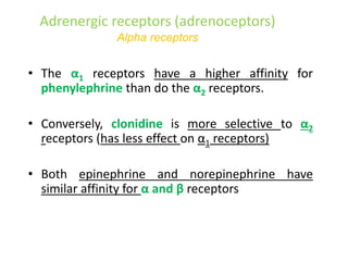 Adrenergic receptors (adrenoceptors)
Alpha receptors
• The α1 receptors have a higher affinity for
phenylephrine than do the α2 receptors.
• Conversely, clonidine is more selective to α2
receptors (has less effect on α1 receptors)
• Both epinephrine and norepinephrine have
similar affinity for α and β receptors
 