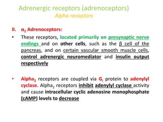 Adrenergic receptors (adrenoceptors)
Alpha receptors
II. α2 Adrenoceptors:
• These receptors, located primarily on presynaptic nerve
endings and on other cells, such as the β cell of the
pancreas, and on certain vascular smooth muscle cells,
control adrenergic neuromediator and insulin output
respectively
• Alpha2 receptors are coupled via Gi protein to adenylyl
cyclase. Alpha2 receptors inhibit adenylyl cyclase activity
and cause intracellular cyclic adenosine monophosphate
(cAMP) levels to decrease
 