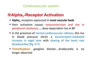 Cardiovascular system
Alpha1-Receptor Activation
 Alpha1 receptors expressed in most vascular beds
 their activation causes vasoconstriction and rise in
peripheral resistance……dose-dependent rise in BP
 In the presence of normal cardiovascular reflexes, the rise
in blood pressure elicits a baroreceptor-mediated
increase in vagal tone with slowing of the heart rate
(bradycardia) (fig. 9-7)
 Trimethaphan: ganglion blocker….bradycardia is no
longer observed
 