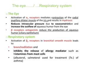 The eye……/ …Respiratory system
oThe Eye
• Activation of α1 receptors mediates contraction of the radial
pupillary dilator muscle of the iris and results in mydriasis
• Reduces intraocular pressure due to vasoconstriction and
increase the outflow of aqueous humor from the eye
• β receptors antagonists reduce the production of aqueous
humor (ciliary epithelium)
oRespiratory system
• Activation of β2 receptors in bronchial smooth muscle leads
to:
• bronchodilation and
• inhibits the release of allergy mediator such as
histamines from mast cells
• (albuterol, salmeterol used for treatment (Tx.) of
asthma)
 
