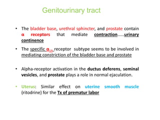 Genitourinary tract
• The bladder base, urethral sphincter, and prostate contain
α receptors that mediate contraction……urinary
continence
• The specific α1A receptor subtype seems to be involved in
mediating constriction of the bladder base and prostate
• Alpha-receptor activation in the ductus deferens, seminal
vesicles, and prostate plays a role in normal ejaculation.
• Uterus: Similar effect on uterine smooth muscle
(ritodrine) for the Tx of prematur labor
 