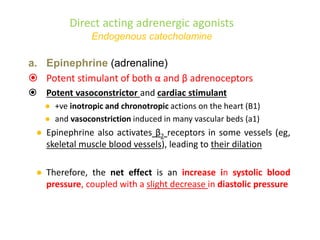 Direct acting adrenergic agonists
Endogenous catecholamine
a. Epinephrine (adrenaline)
 Potent stimulant of both α and β adrenoceptors
 Potent vasoconstrictor and cardiac stimulant
● +ve inotropic and chronotropic actions on the heart (B1)
● and vasoconstriction induced in many vascular beds (a1)
● Epinephrine also activates β2 receptors in some vessels (eg,
skeletal muscle blood vessels), leading to their dilation
● Therefore, the net effect is an increase in systolic blood
pressure, coupled with a slight decrease in diastolic pressure
 